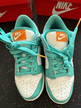 Nike DUNK Teal and White Low-Top Sneakers with Orange Accents